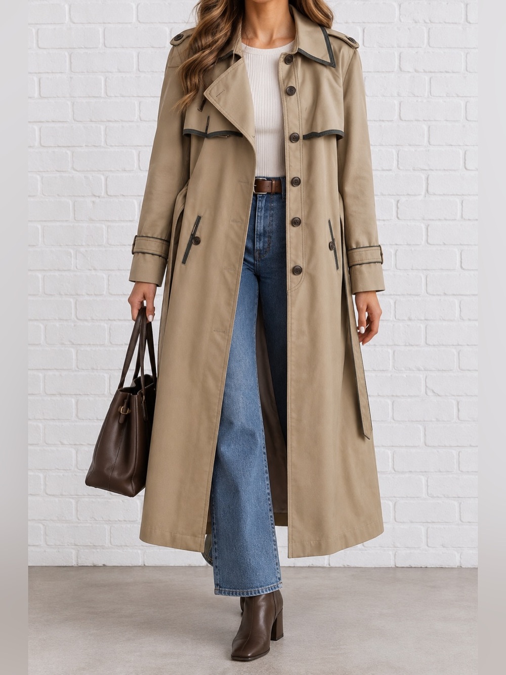 Vintage 80s Khaki Cotton Trench Coat Green Trim Long Belted Taiwan